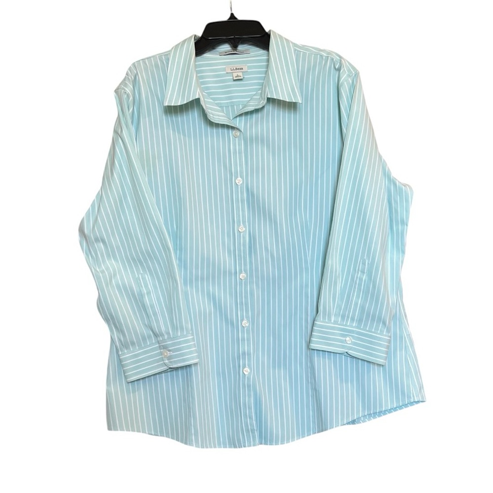 LL Bean Blouse Wrinkle Resistant Cotton Mint Green and White Stripes Size Large